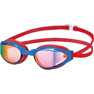 Swans swim goggles with red and blue frame and Navy Red Mirror lenses