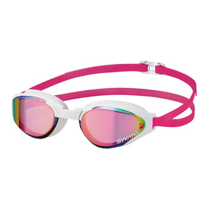 SWANS swim goggles with pink frame and Ruby Mirrored lenses
