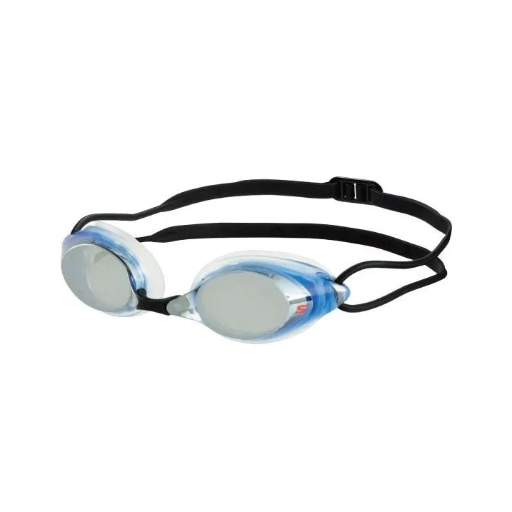 Prescription swimming goggles with blue mirrored lenses and a black strap on a white background
