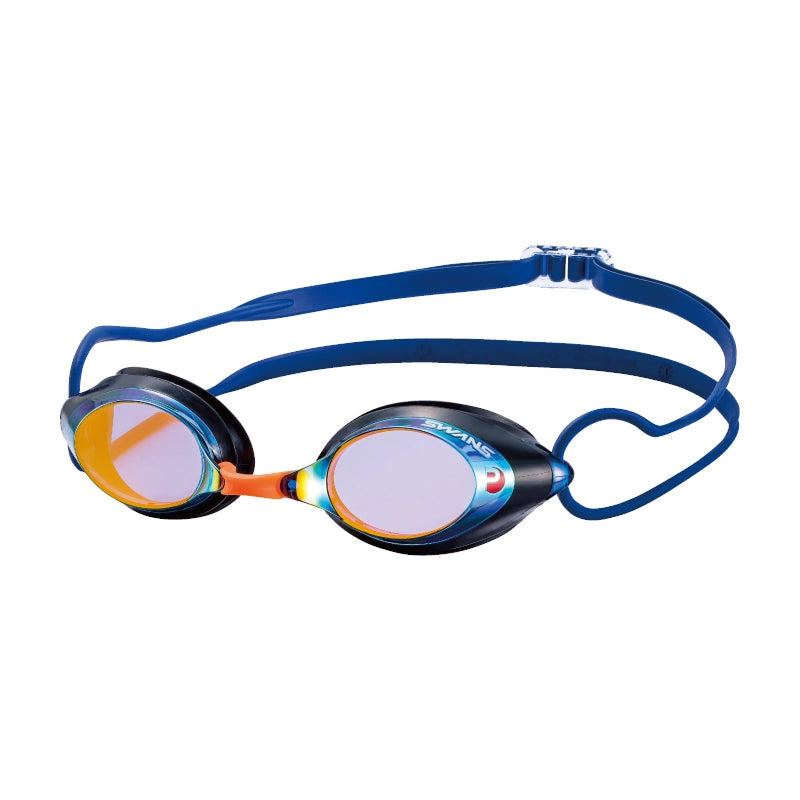 SWANS SRX swimming goggles with a navy blue and orange mirror lenses, orange nose piece and blue strap