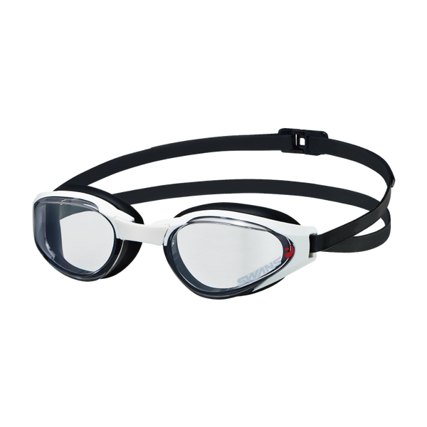 A pair of Ascender open water goggles with a wide, curved mirror lens and a traditional double silicone strap, predominantly in black color with white and red accents.
