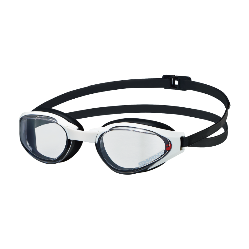 A pair of Ascender open water goggles with a wide, curved mirror lens and a traditional double silicone strap, predominantly in black color with white and red accents.
