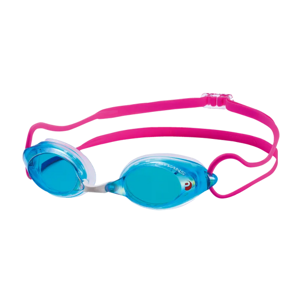 SWANS SRX swimming goggles with a pink silicone strap and blue lenses.