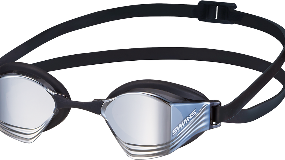 Swimming goggles with black frame and silver lenses on a white background